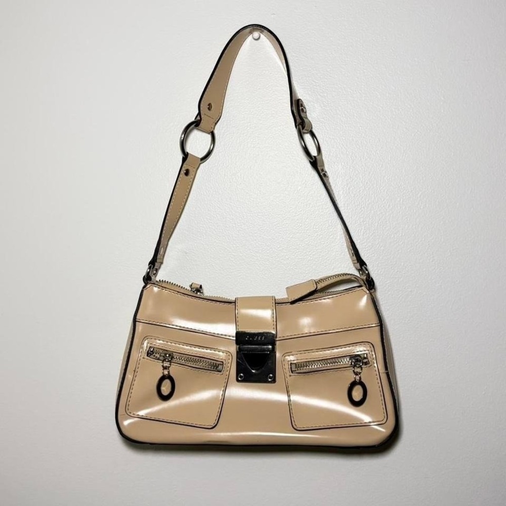 Guess Beige Patent‎ Leather Y2K Shoulder Bag Mini Baguette